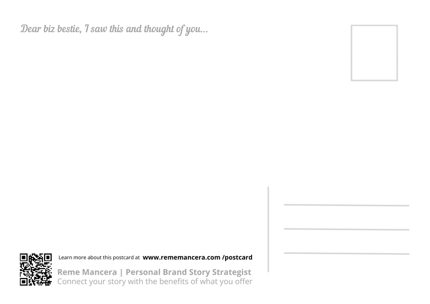 Reverse of the postcard with the prompt: Dear biz bestie, I saw this and thought of you.